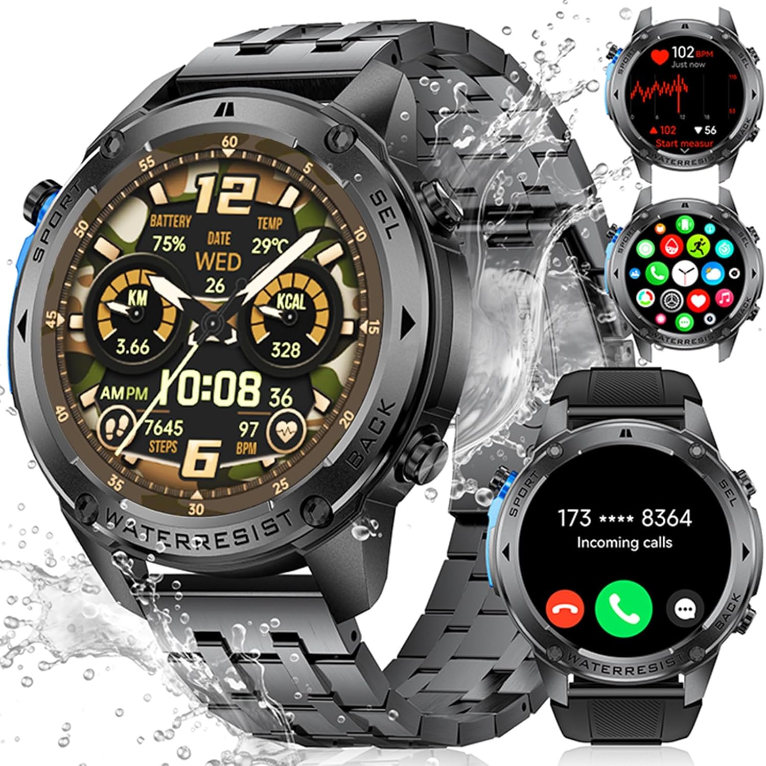 LIGE Gunmetal Men’s GPS Smartwatch, 1.43 Inch AMOLED HD Military Smartwatch with Bluetooth Calling, 110+ Sport Modes, Sleep/Heart Rate Monitor/Pedometer, Smart Watch for Android iOS, Gunmetal