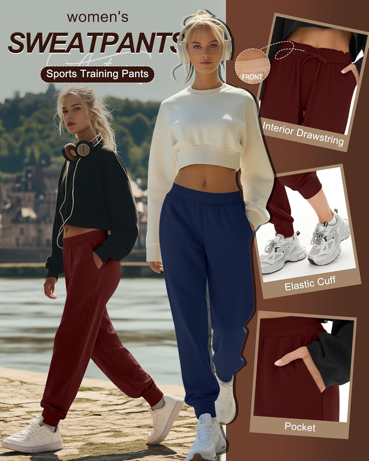 4 Pack Women's Jogger Pants with Side Pockets Drawstring Elastic Waist Sweatpants Ribbed Cuff Bottom Lounge Pants - Image 4