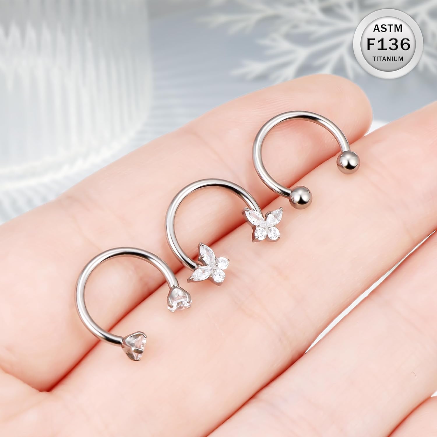 Ruifan Titanium Horseshoe Nose Ring 16G Cubic Zircon Butterfly Septum Rings Piercing Jewelry Internally Threaded Cartilage Conch Helix Rook Tragus Lip Earring Hoop Eyebrow For Women Men 8mm 10mm - Image 4