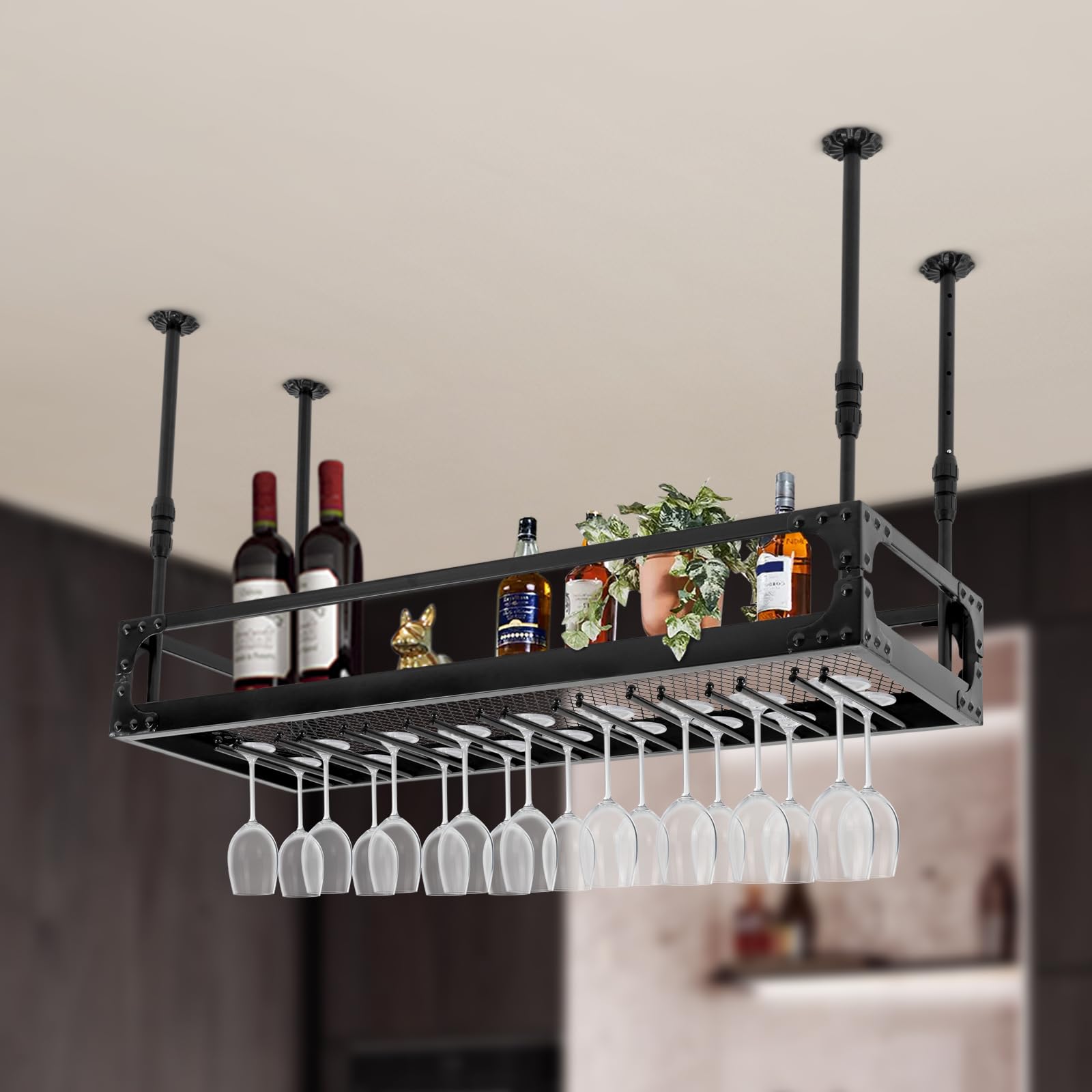 Estantería de Techo para Vino 100cm, Altura Ajustable, Estante Colgante Retro de Hierro, hasta 50 kg, Techo Industrial, Soporte para Copas de Vino, Soporte para Colgar (Negro)