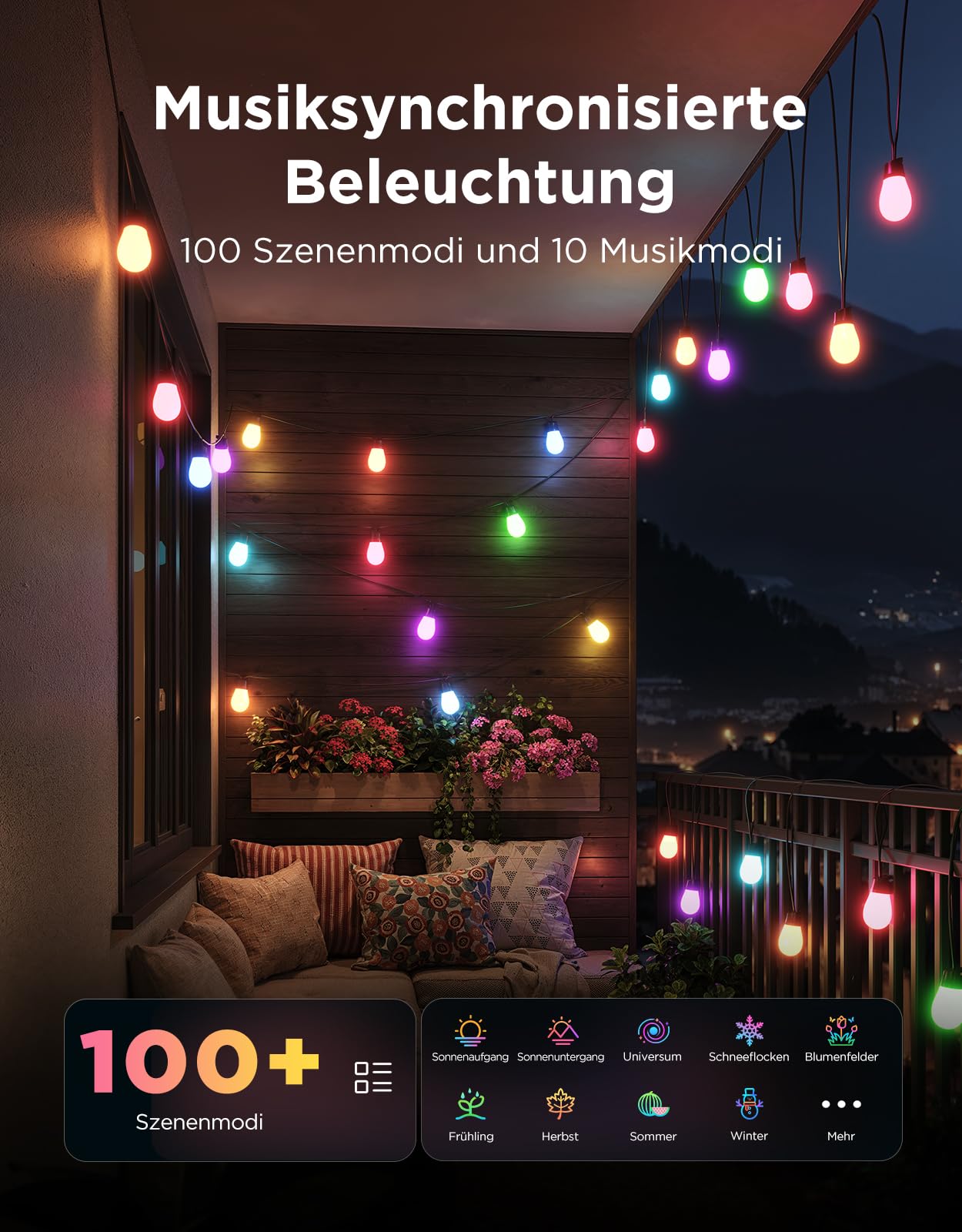 Govee Lichterkette Außen 15M, RGBICW 65lm pro LED, App&WiFi Steuerung,IP66 | 16 Mio. DIY-Farben, 111+ Szenen, Musik Sync, Matter/Alexa/Google, Lebensdauer 25000h, Einf. Montage, Garten/Balkon/Terrasse