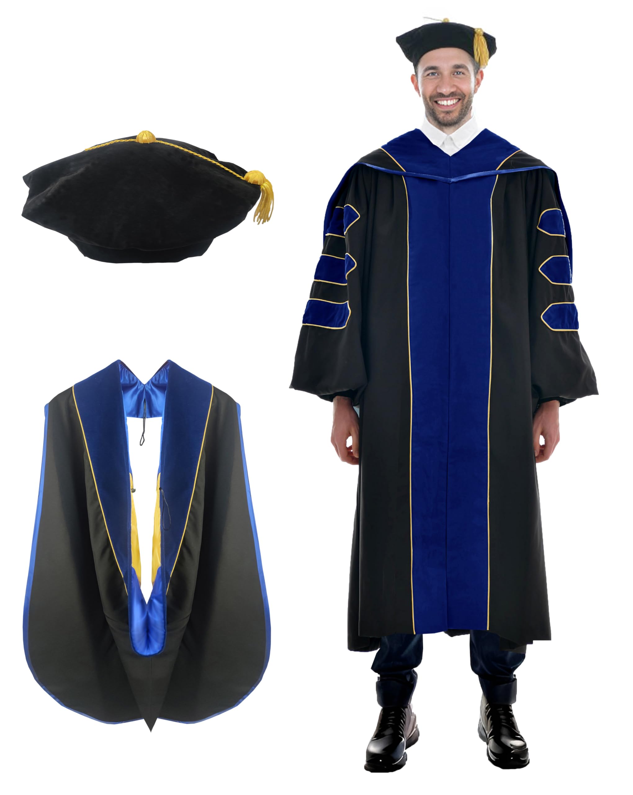 Deluxe Graduation Gown and Hood with Gold Piping - Doctoral Regalia