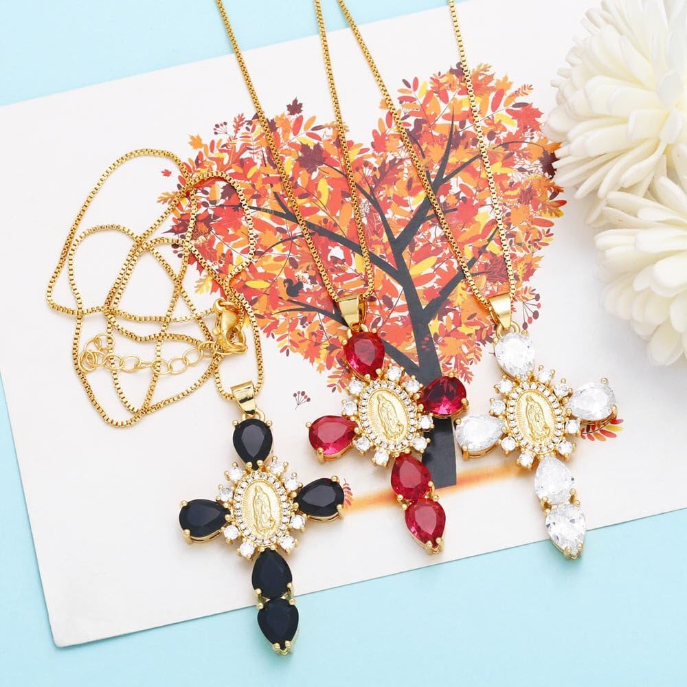 White Crystal Zircon Cross Necklace For Women Choker Charm Virgin Mary Pendant Box Chain Female Jewelry Collier Femme - Gold-color - 17.5 inch, Zinc, No Gemstone - Image 2