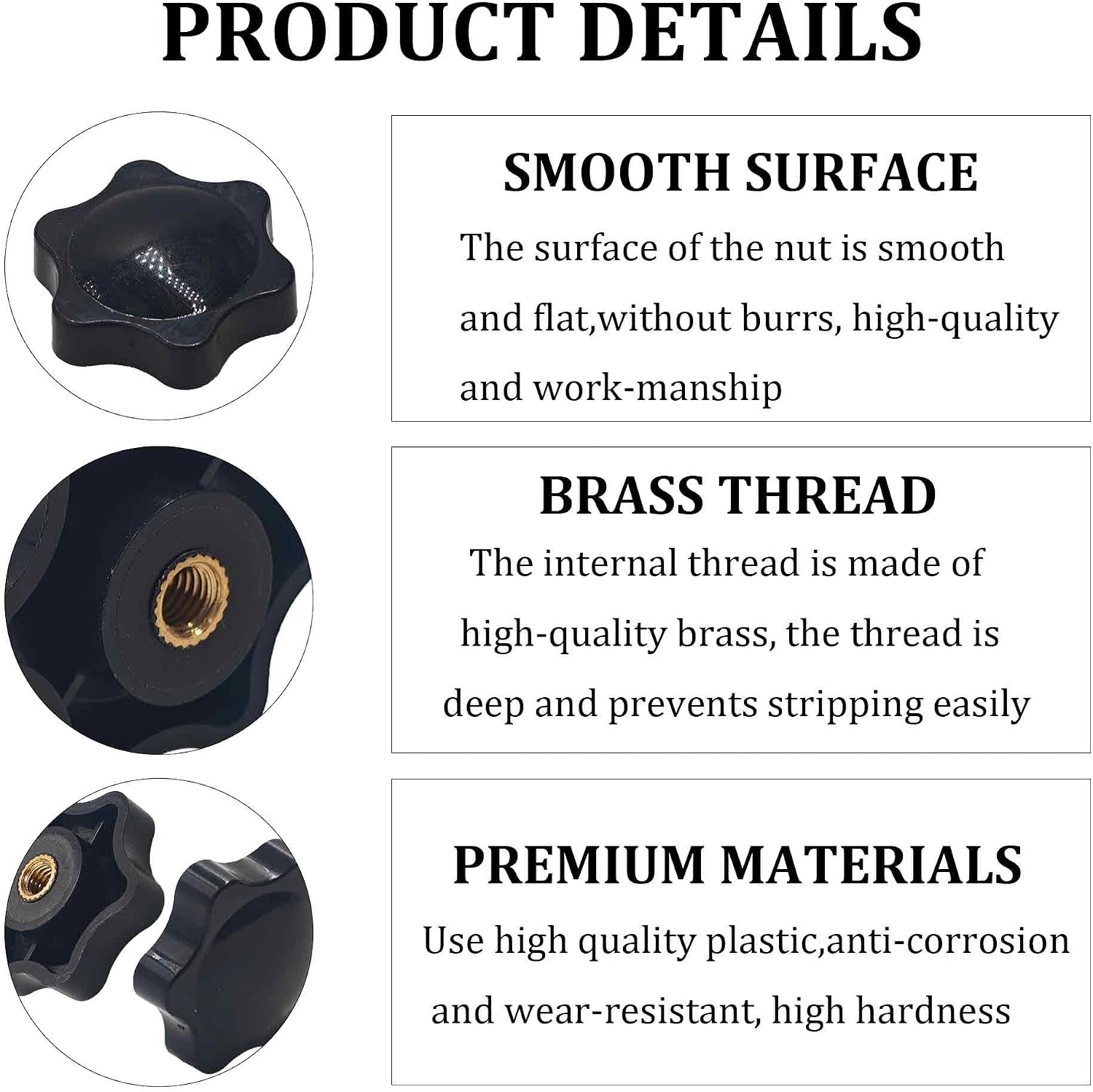 8Pcs M5 Star Knobs Black Plastic Knurled Thread Clamping Knob Screw-On Type Thru Threaded Hand Grip Handle for Machinery Equipment Hexagon Head Wing Nut Accessories