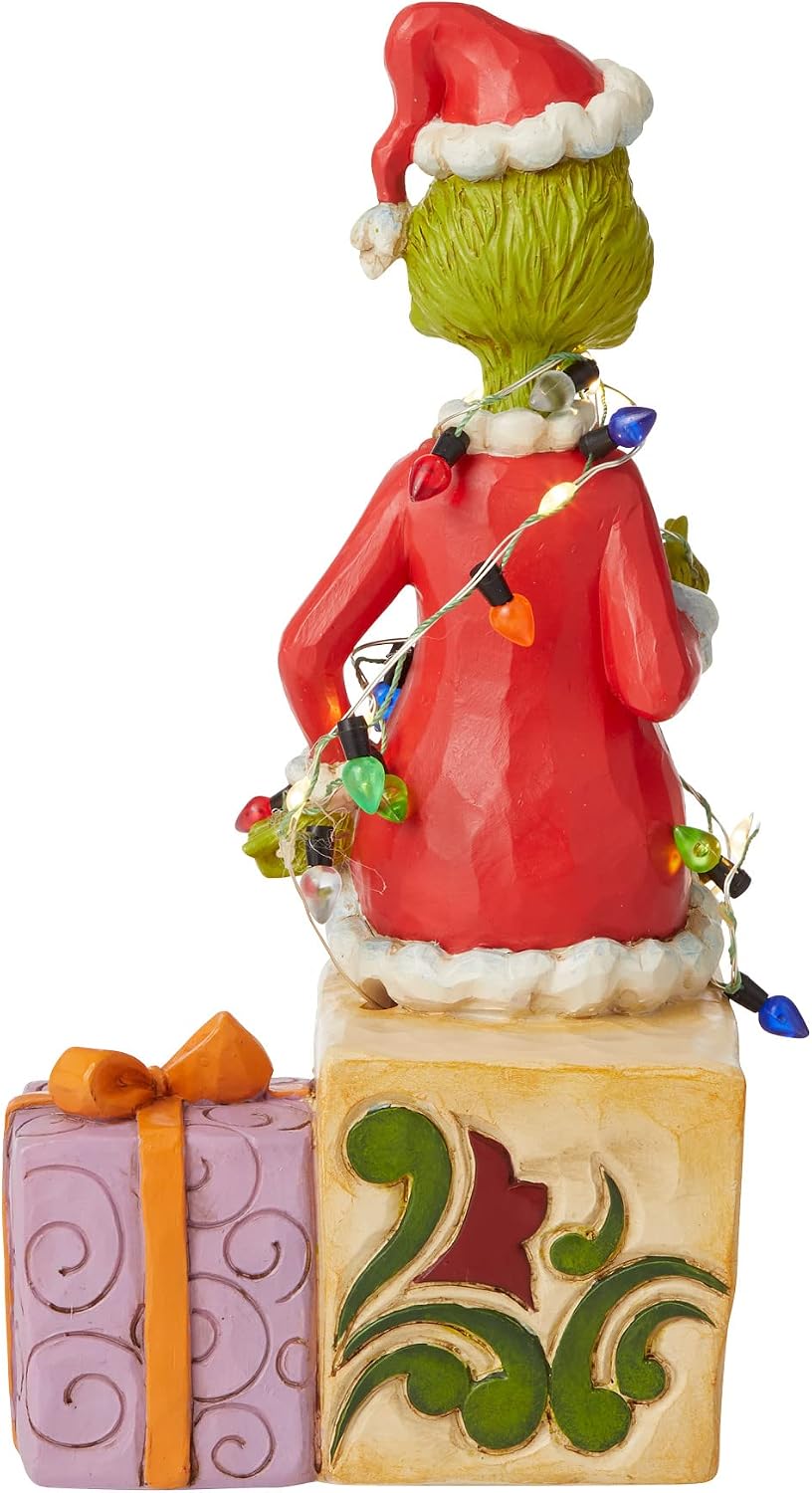 Enesco Jim Shore Dr. Seuss The Grinch Sitting on Presents Lit Figurine, 7.48 Inch, Multicolor,Red