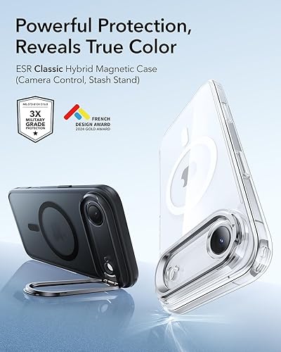 Vista 76 de ESR - Funda para iPhone 15 compatible con MagSafe, funda protectora de grado militar con soporte integrado, cubierta trasera resistente a