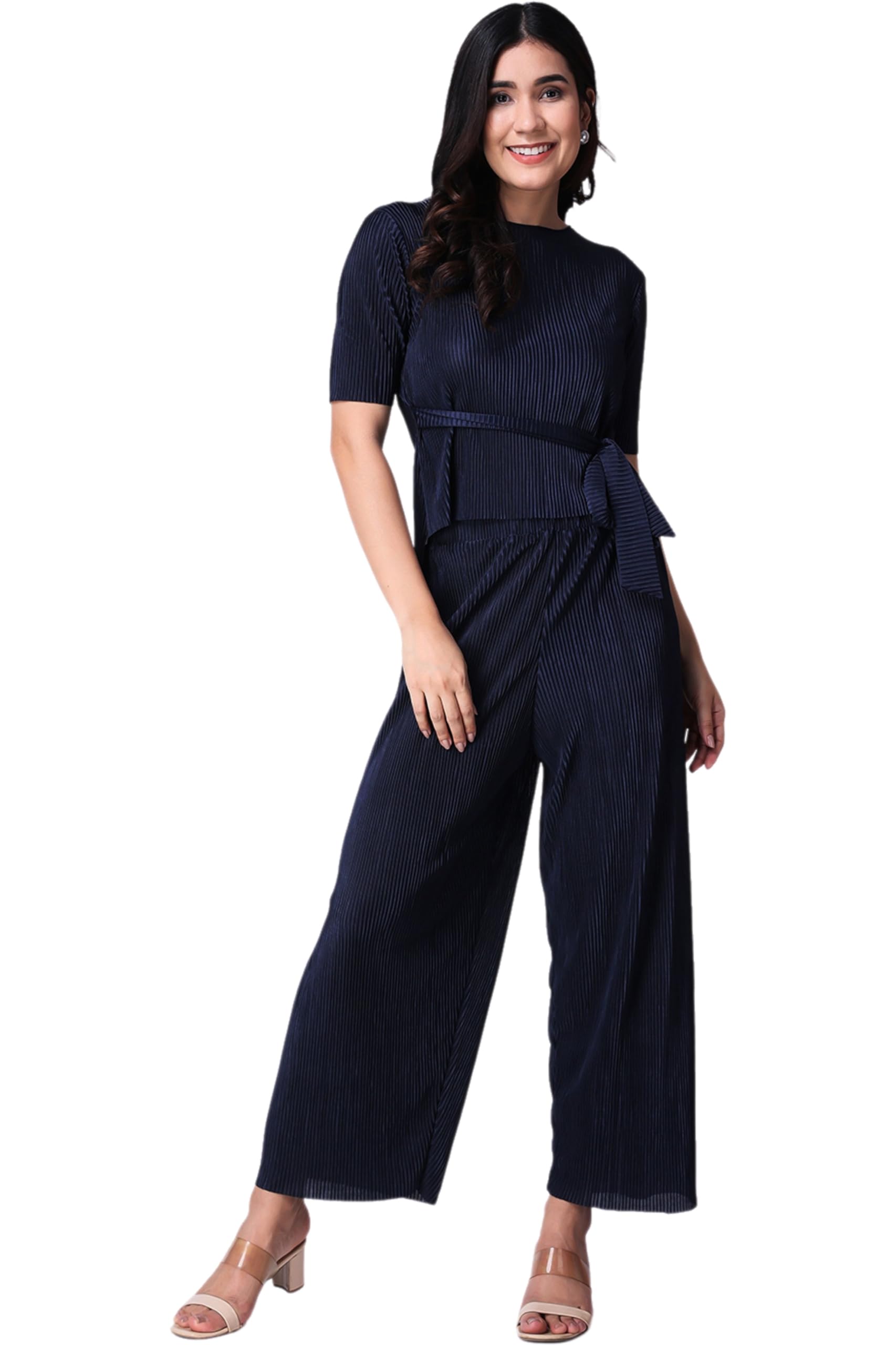 Popwings Casual Women Wrinkle Textured Navy Blue Co-Ords Set
