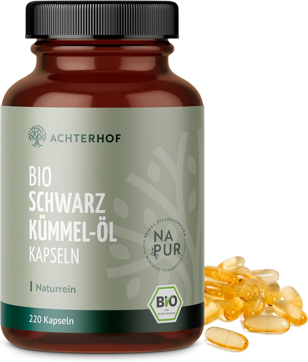 Achterhof Organic Black Cumin Oil Capsules Pack of 220 1000 mg per Daily Dose Natural and Gentle Cold Pressed Vegan Highest Organic Quality