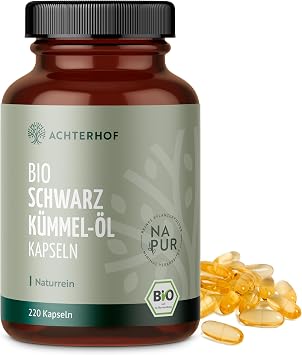 Achterhof Organic Black Cumin Oil Capsules Pack of 220 1000 mg per Daily Dose Natural and Gentle Cold Pressed Vegan Highest Organic Quality