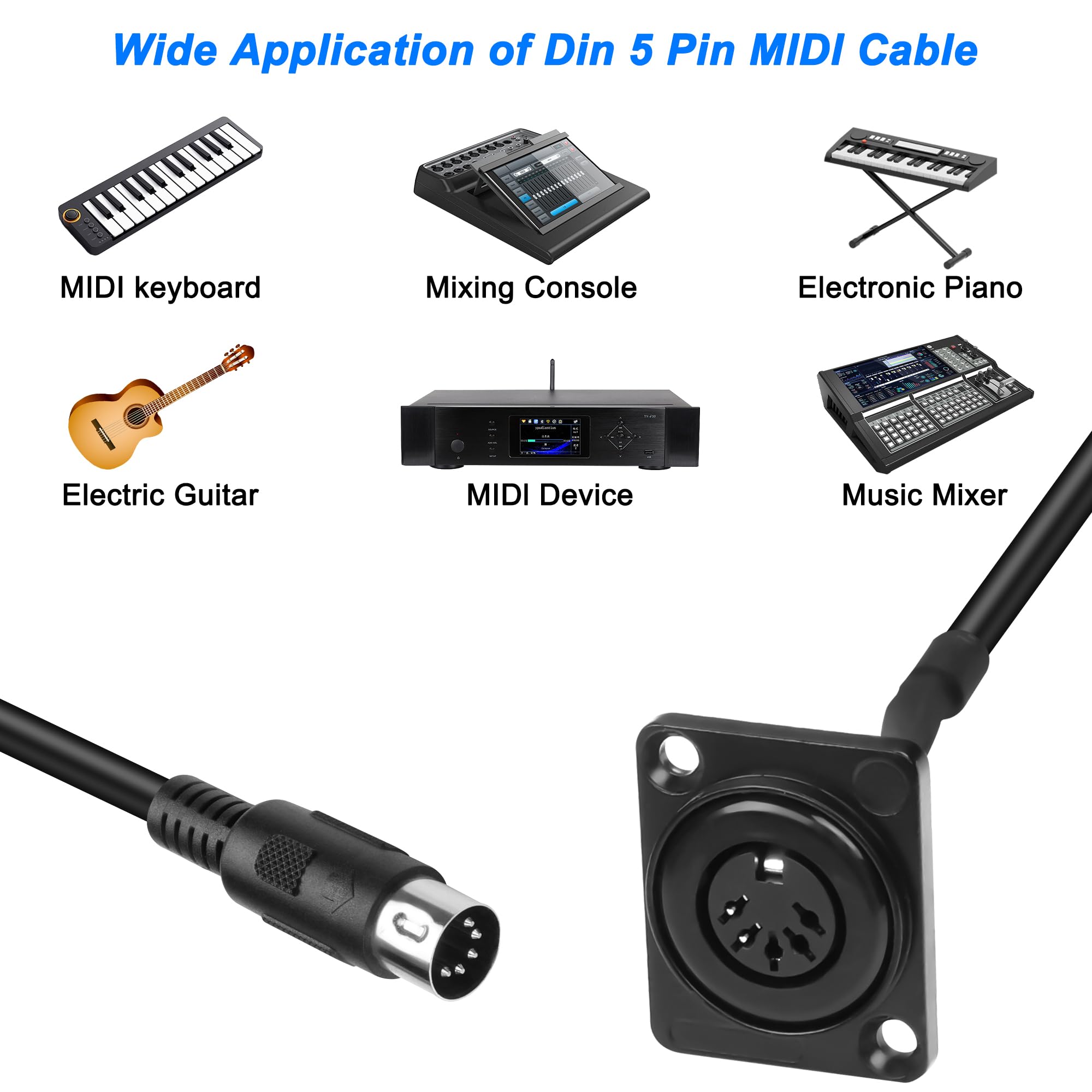 MEIRIYFA Câble d'extension MIDI DIN 5 broches - Type D - Support de panneau DIN 5 broches vers femelle - Pour synthétiseur clavier, orgue, piano électrique, guitare MIDI - 53 cm