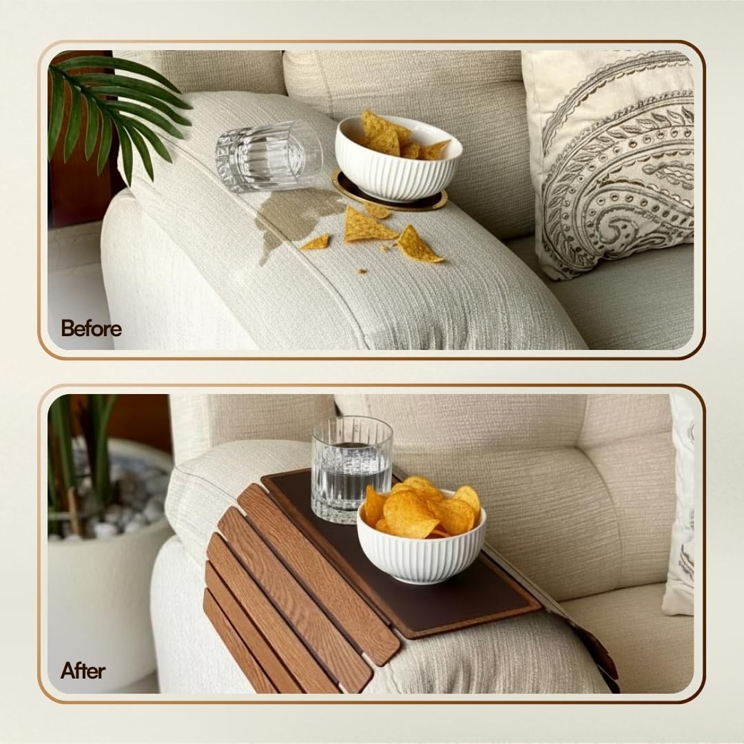 MASON HOME Elm Sofa Armrest Tray - Brown Full Grain Bamboo Wood with Anti Slip Pad | Dining Tray | Home & Office Décor | Furniture | Serving Platter for Drinks - Appetizer - Snack Bowls 3