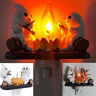 Ghost Campfire Flickering Night Light, 3D Small Electric Faux Flame Nightlight, Halloween Indoor Decorations