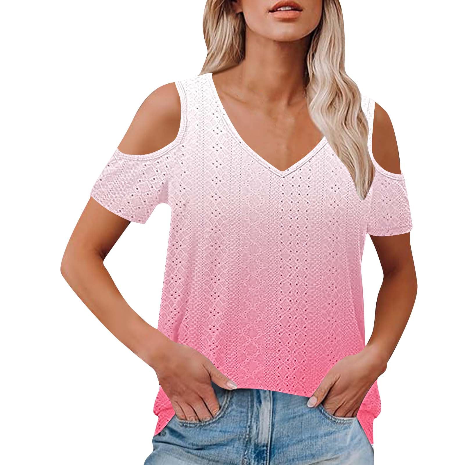 2025 Cold Shoulder Tops for Women Casual Summer Short Sleeve Shirts Gradient V Neck Loose Fit Blouses Tees Tunics