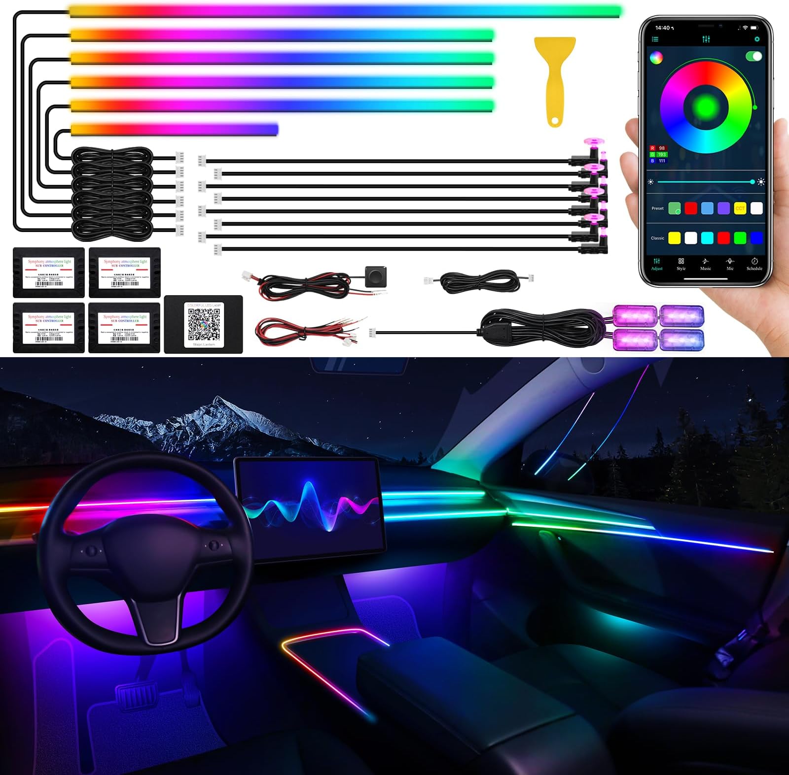 Dreamcolor Acrylic Interior LED Strip Light for Car with Wireless APP, RGB 18 in 1 with 175 inches 593 LEDs Fiber Optic Ambient Lighting Kits, 16 Million Colors Sound Active Function LED Strip for Car