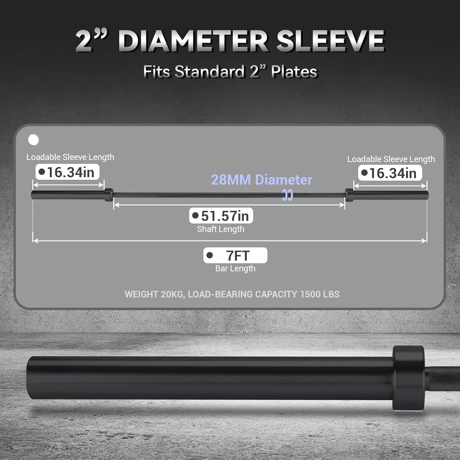 7FT Olympic Barbell,45LB Weight Bar for Bench Press,1500LB High Capacity,Hard Chrome, Knurled Grip,Heavy Strength Training Bars for Squat,Deadlift,Weightlifting,Fits 2 Inch Plates