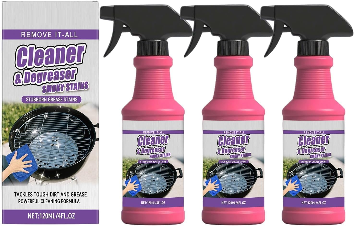 Fast-Acting Heavy-Duty Grill Degreaser Spray, Multi-surface Barbecue Degreaser, for Stubborn Splatters, Stove Top, Grill, Drip Pans, BBQ Grill Cleaner Spray (3PCS)
