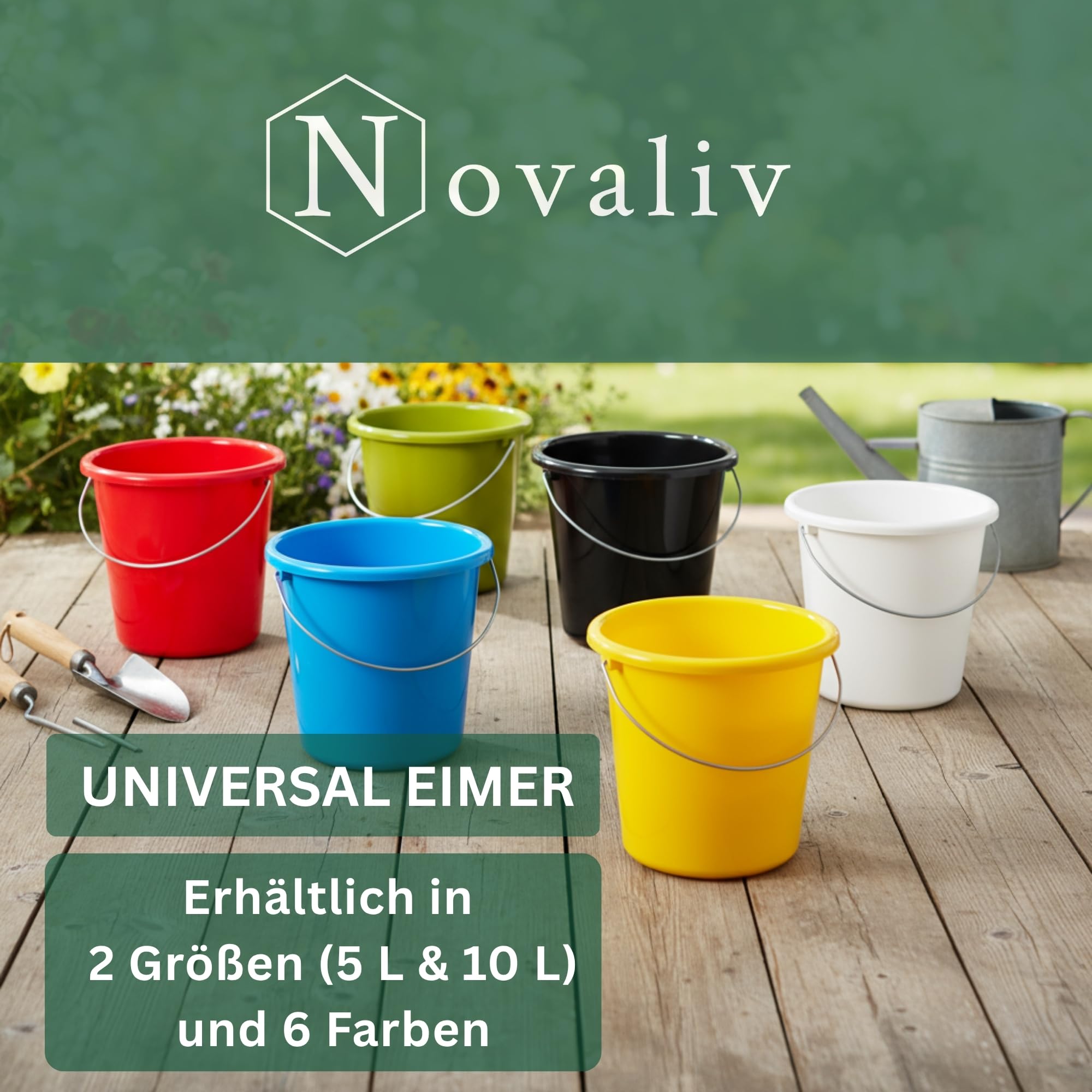 Novaliv 20 sztuk wiaderek 10 l, zielone, z podziałką na miarę, 10 l, 28,5 cm, praktyczne, uniwersalne ze skalą, do gospodarstwa domowego i ogrodu, idealne jako wiadro domowe, wiadro na wodę, wiadro do