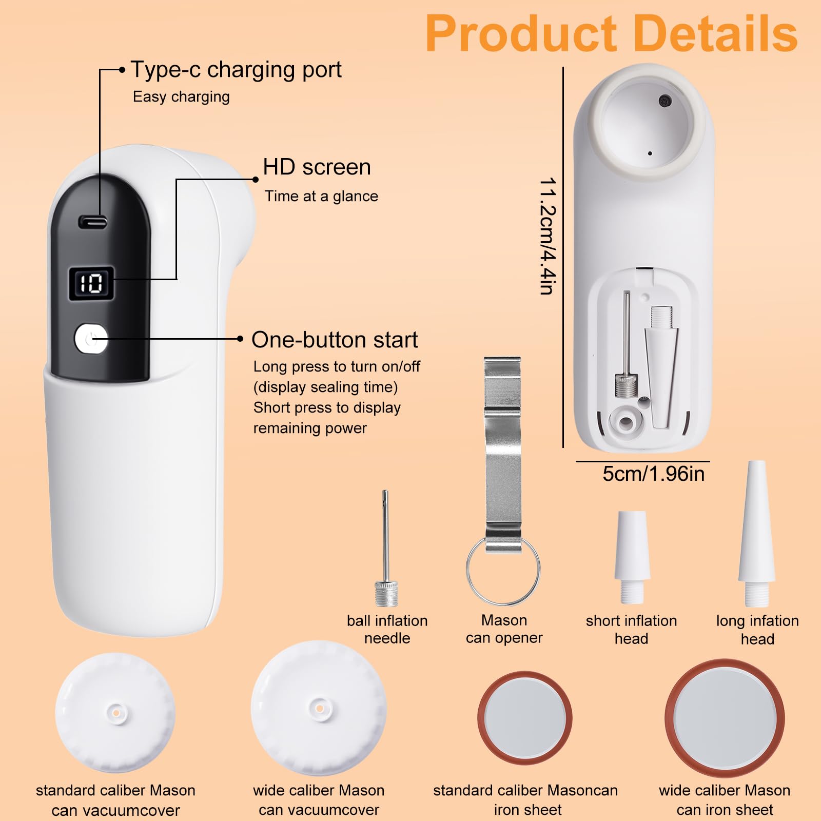 6 IN 1 Vakuumiergerät Set, Mini Handvakuumierer, Vakuumierer für Einmachgläser mit 4 Deckeln und 3 Düsen,Quick-Fill Inflator Deflator für Gläser, Vakuumbeutel, Luftbett,USB-Aufladung