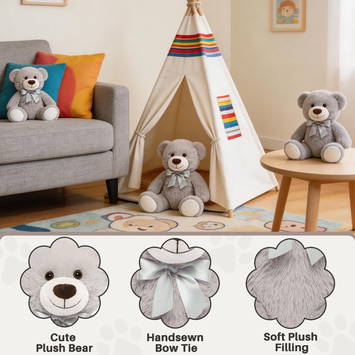 3 Pcs Grey Teddy Bear Stuffed Animal Bulk 13.5“ Gray Bear Plush image 3