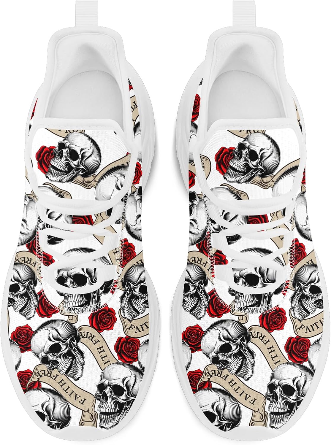 Women's Skull & Rose Running Shoes Trendy Floral Sneakers with Cool Design Comfort Breathable Mens Athletic Gym Walking Shoes