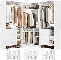 Aheaplus 92.6" L-Shaped Closet System with 6 Drawers, 4 Hanging Rods, Corner Tower - 2000+ lbs White Walk-In Wardrobe Organizer