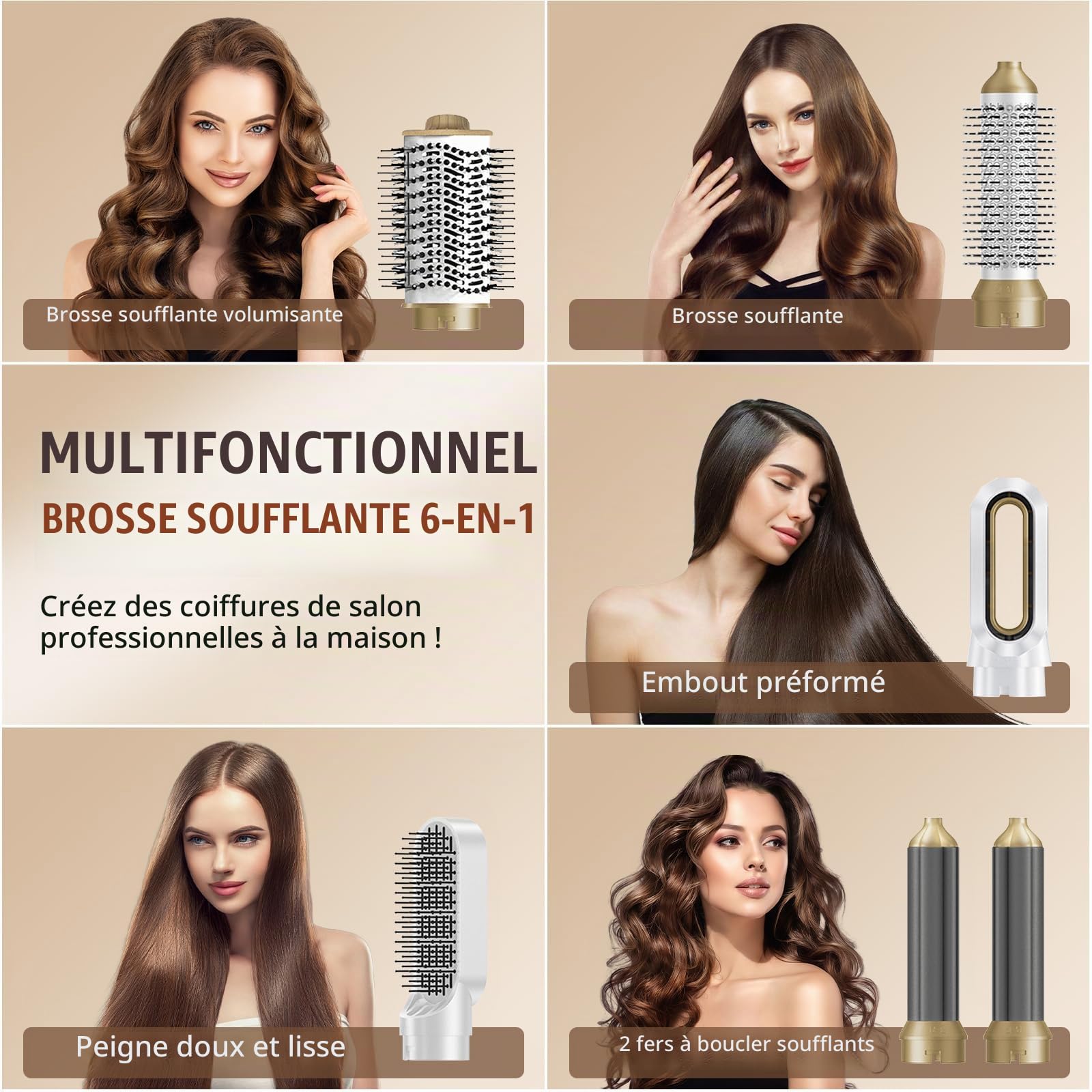 Brosse Chauffante Brushing, 1-Step Styler, Air-brush 6 En 1 Avec Seche Cheveux, Brosse Soufflante Rotative Pour Cheveux, Brosse Soufflante Technologie CéRamique, SéCher, Boucler, Lisser (Blanc)