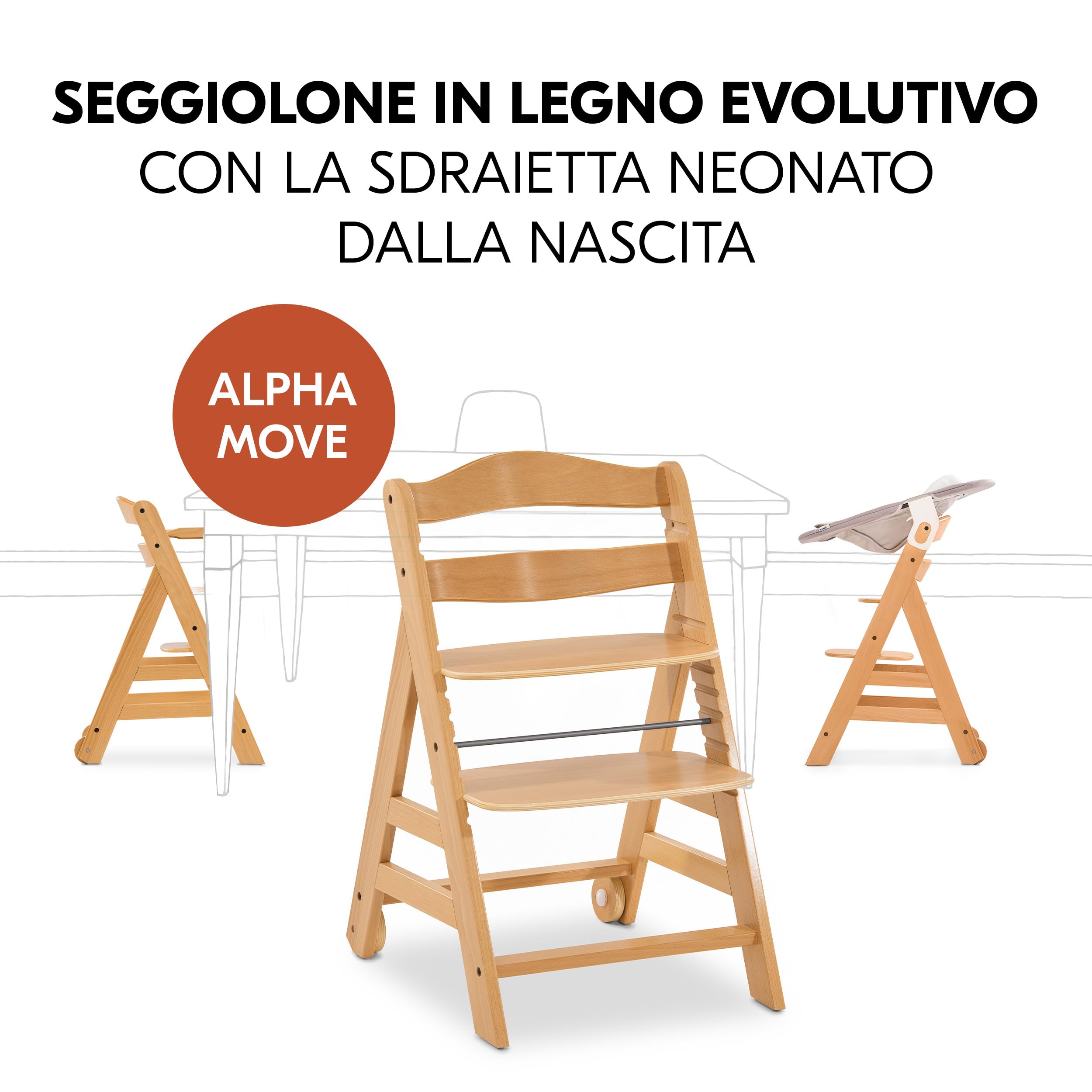 hauck Sediolone Pappa Alpha Move Newborn Set - Seggiolone Pappa Legno Evolutivo Da 0 Mesi con Sdraietta Dondolo Neonati, Cuscino e Vassoio - Legno, Beige