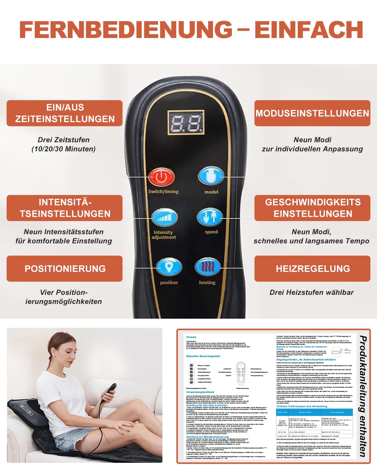 Ganzkörper-Massagematte, 160x50 cm mit Wärme, 30 Massageköpfen, 4-in-1 Luftdruck, Knet, Vibrations und Wärmefunktion, Smart-Kopfstütze mit 6 Tasten, abnehmbar, Massagematte Elektrisch Ganzkörper