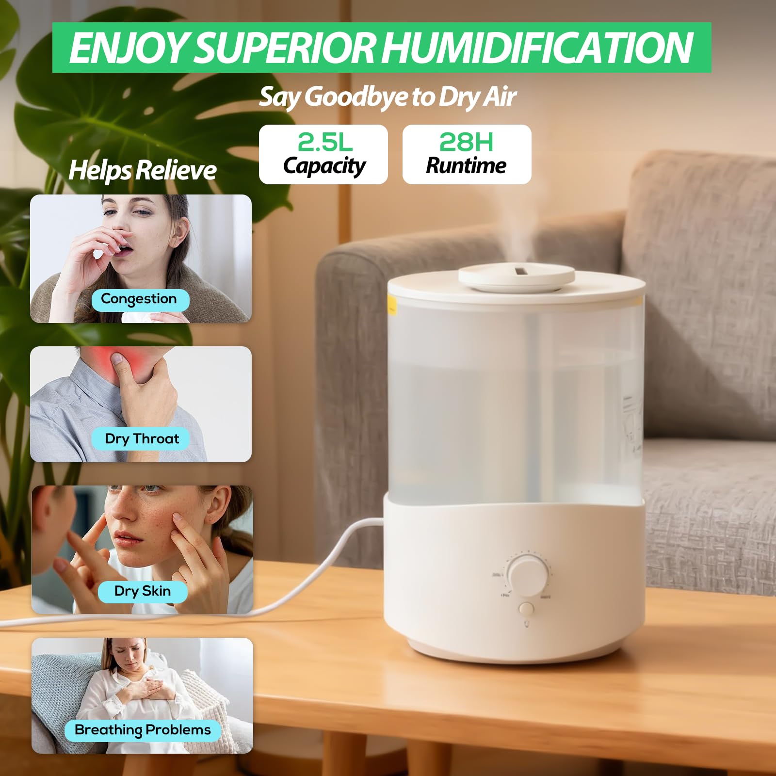 Cozary Humidificateur d'Air Chambre 2.5L Top-Fill, 28H Diffuseur d’Huiles Essentielles, Arrêt Automatique, 23 dB Silencieux, 7 Color Light, Buse à 360°, pour Chambre à Coucher,Chambre Bebe,Plantes