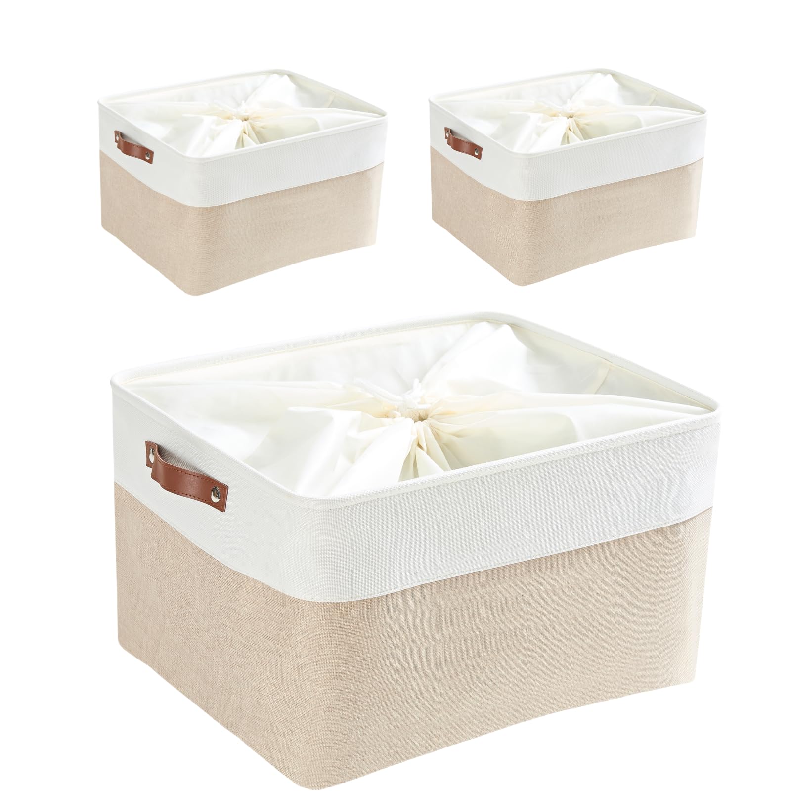 Mangata Set of 3 Storage Boxes with Drawstring, Jumbo Canvas Fabric Thickened Storage Basket for Pillow, Quilt, Shelf (XXLarge, Light Khaki/White)