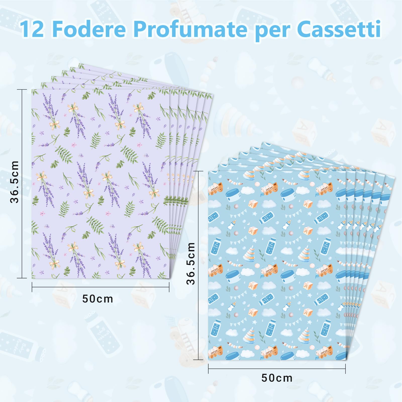 SCENTORINI Carta Profumata per Cassetti, 12 Fogli, Misura 36.5x52cm, Aroma di Lavanda e Talco per Bambini per Cassetti, Armadio, Decorazione Profumata Carta da Regalo