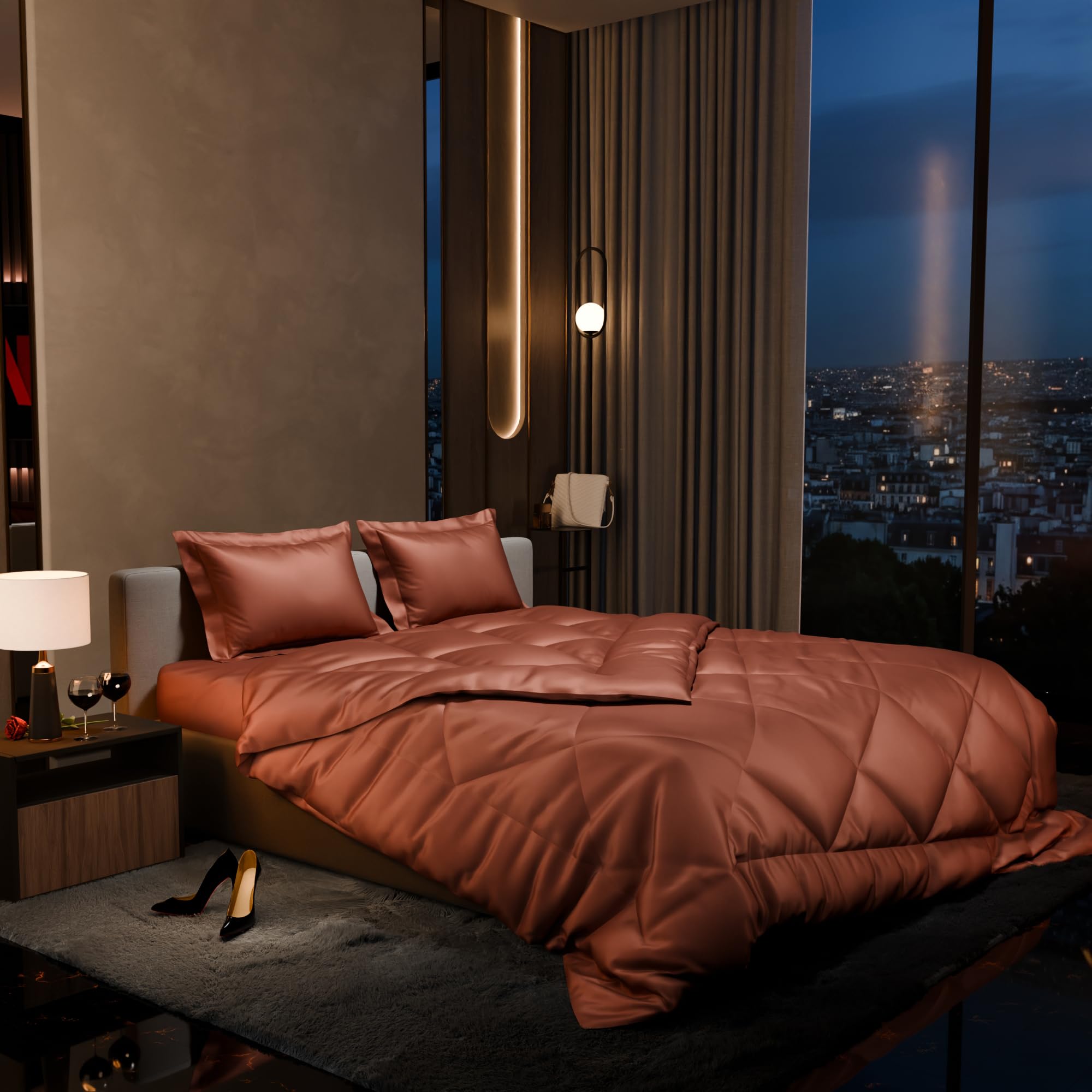 Stoa Paris 300 Tc Satin Comforter Set Double Bed with Satin Bedsheet & Pillow Covers, Complete Bedding Set, Ideal Gifts for Couples, Bedroom Home Furnishing, Date Night Collection - Melted Caramel
