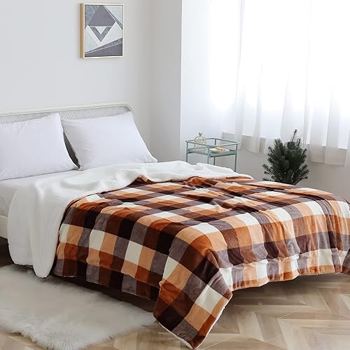 Miniatura 7 de SOCHOW Buffalo - Manta de forro polar Sherpa a cuadros, de doble cara, súper suave, lujosa manta de cama de 60 x 80 pulgadas, color naranja