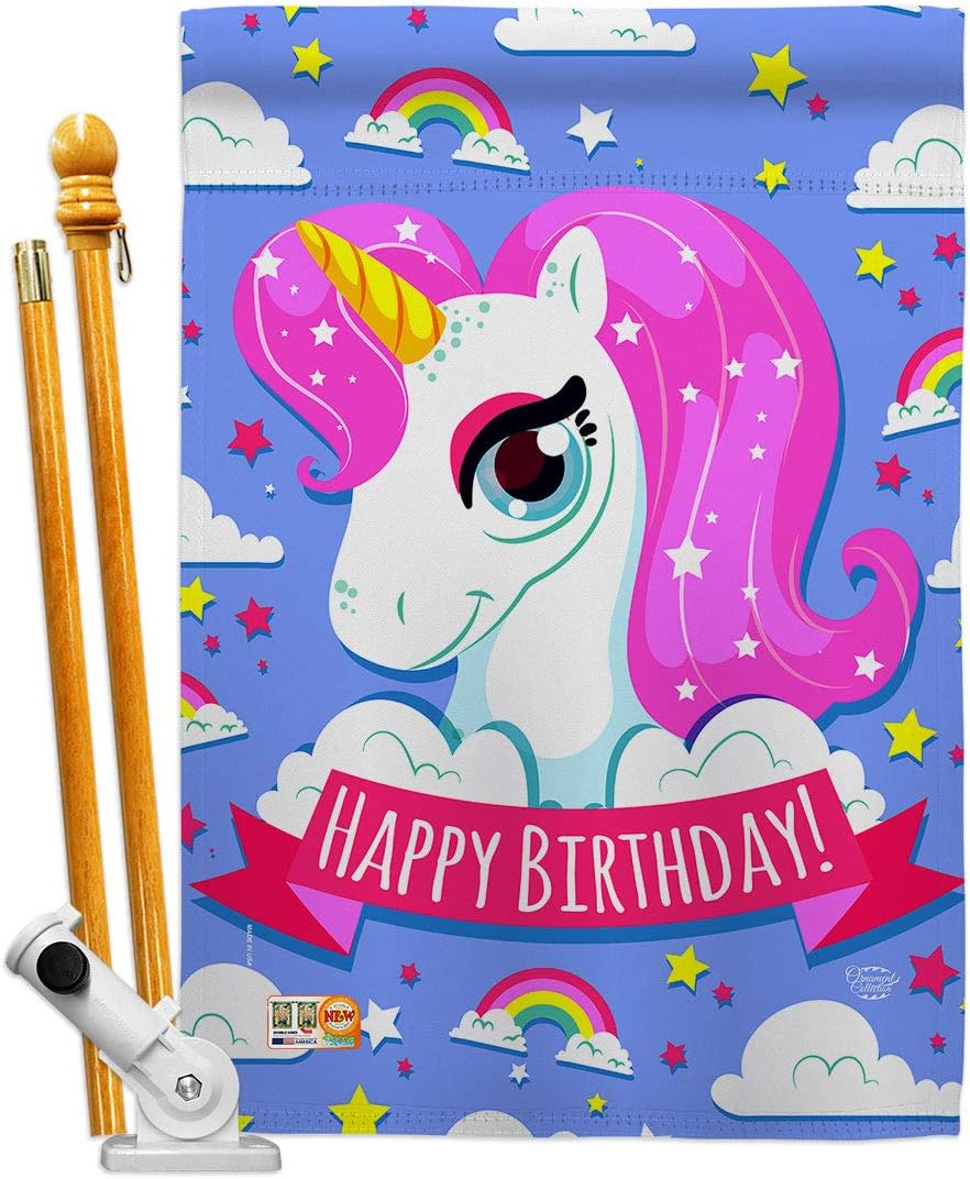 Magical Unicorn Birthday House Flag Celebration Cake Gift Present Candy Bouquet Occasion Anniversary Party Small Decorative Yard Banner Double-Sided Made In USA 28 X 40