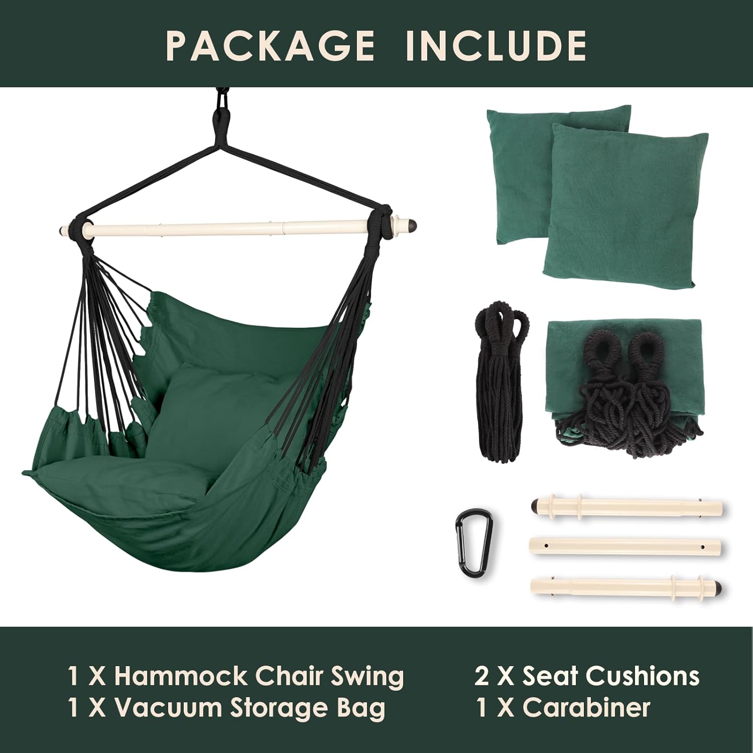 Highwild Hammock Chair Hanging Rope Swing - Max 500 Lbs - 2 Cushions Included - Steel Spreader Bar with Anti-Slip Rings - for Any Indoor or Outdoor Spaces (D- Cushions Included-Green) - Image 7