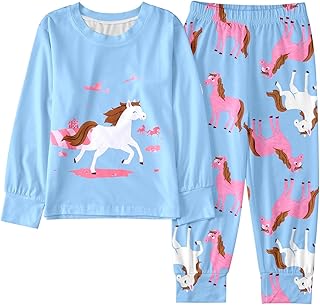 Conjunto de Pantalone Invierno Niñas Larga Manga Estampado Caballo Animado Dos Piezas Algodón Cómodo Infantil Noche Dormir