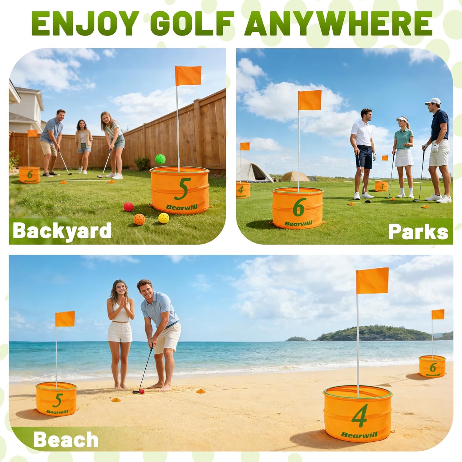 Bearwill Golf Bucket Game for Family, Adults and Kids Portable 6 Hole Golf Course with Balls and Flag, Outdoor Indoor Golf Yard Game for Park, Beach, Lawn, Camping