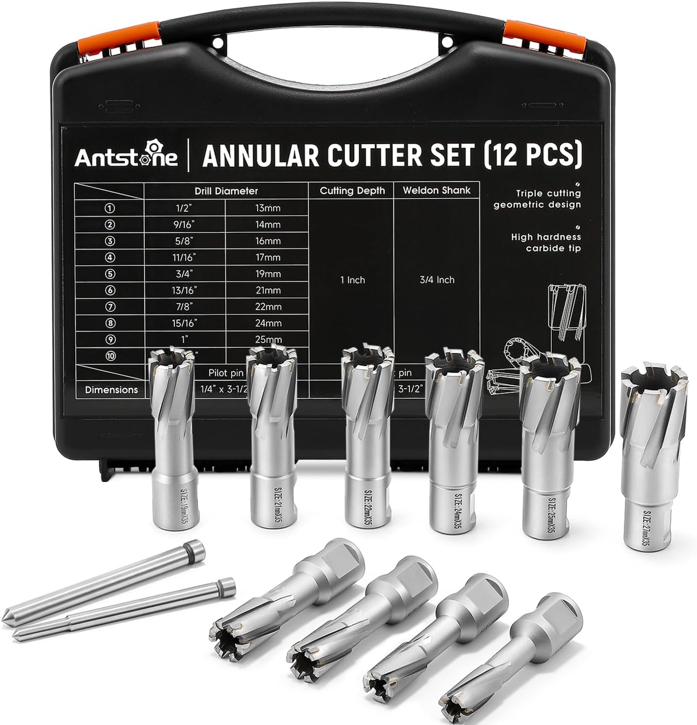 Antstone Annular Cutter Set 12 Pcs Carbide Tips Mag Drill Bits Kit 1/2” to 1-1/16” Cutting Diameter 3/4” Weldon Shank with 2 Pilot Pins for Mag Drill Press Cutting