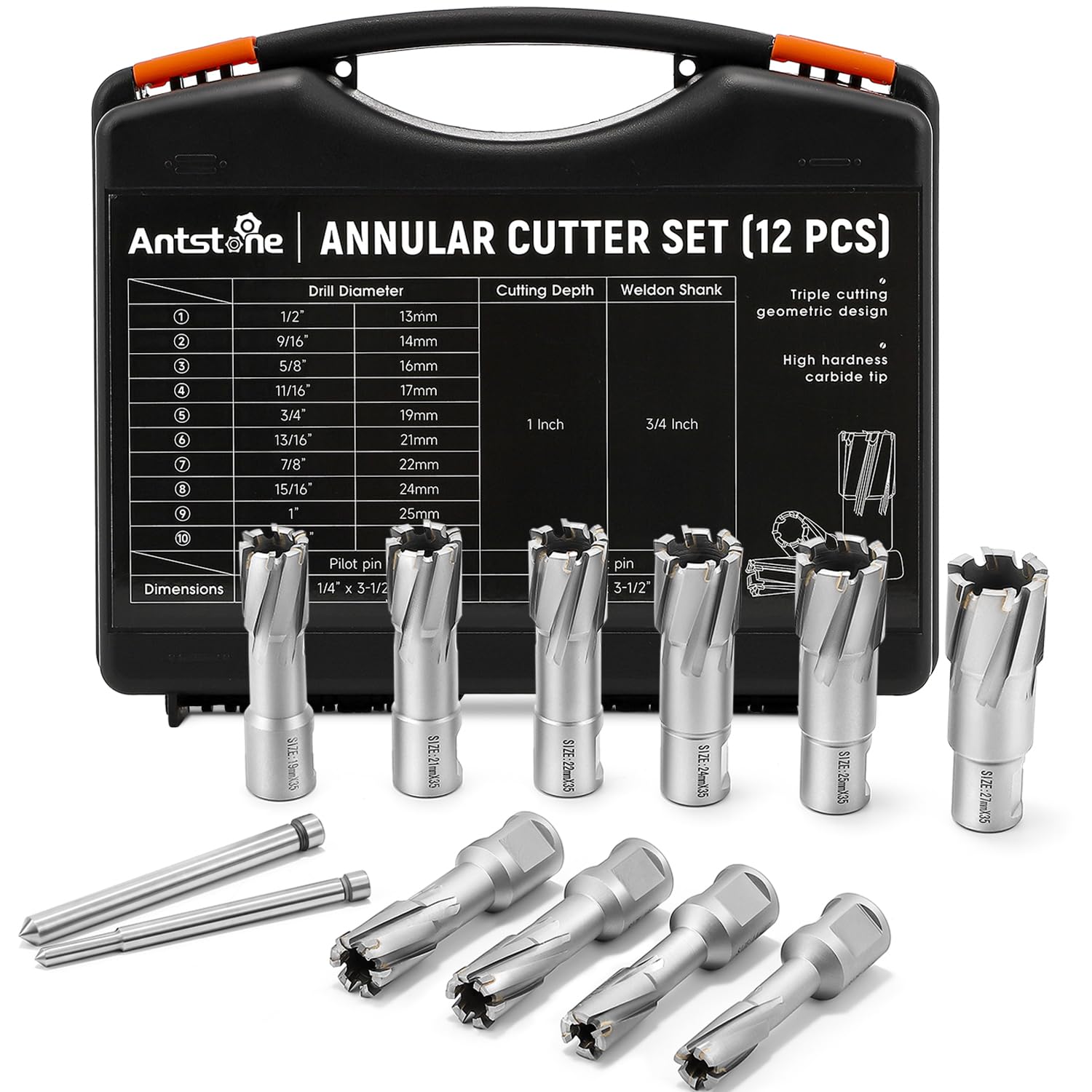 Antstone Annular Cutter Set 12 Pcs Carbide Tips Mag Drill Bits Kit 1/2” to 1-1/16” Cutting Diameter 3/4” Weldon Shank with 2 Pilot Pins for Mag Drill Press Cutting