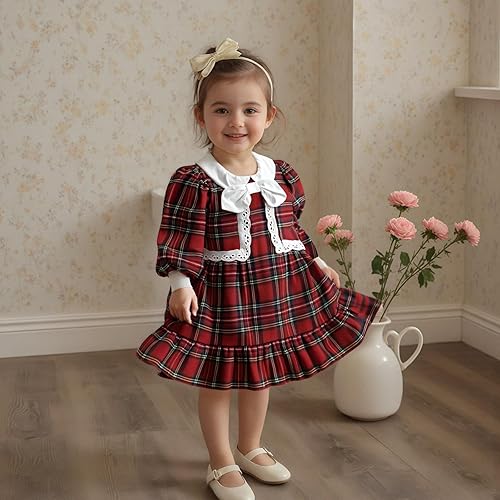 Miniatura 2 de Kuriozud Vestido a cuadros para niña pequeña, bonito vestido de fiesta para Navidad