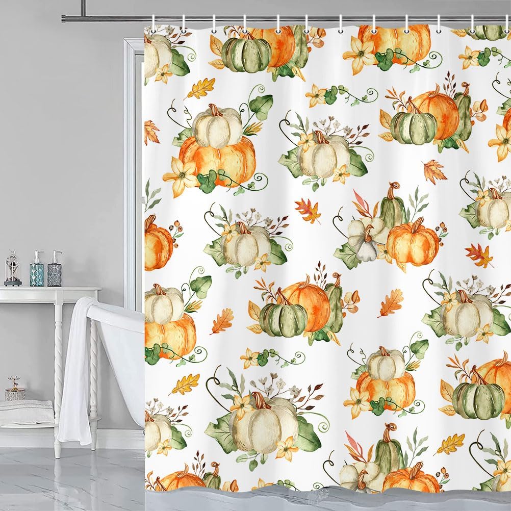 Fall Shower Curtains for Bathroom, White and Purple Pumpkins Set with Modern Design Painting, Gray Oil Painting Watercolor Grunge Brushstrokes Bathroom Curtain with Hooks