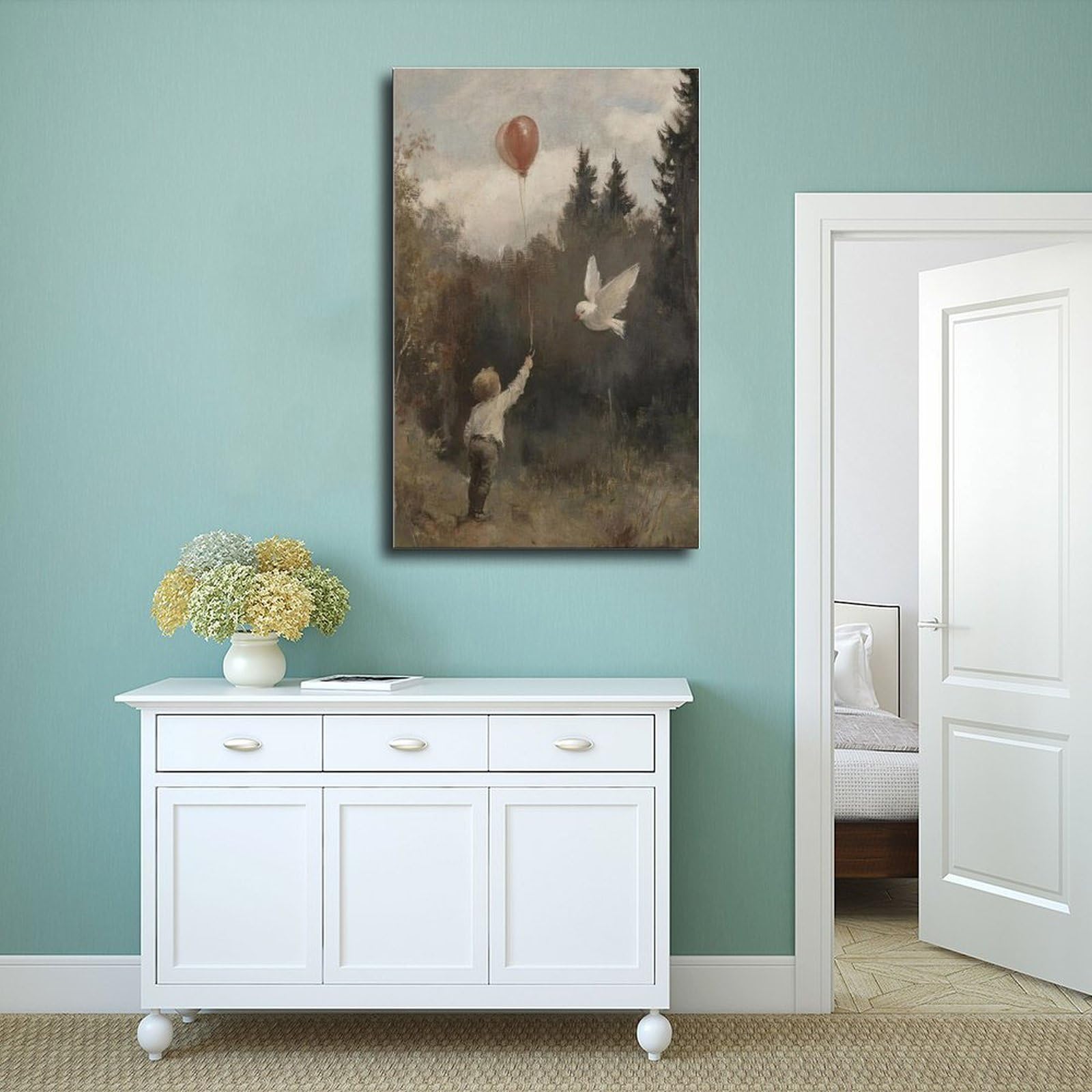 Leinwandposter mit Kind mit Luftballon, Wandkunst, Dekordruck, Gemälde für Wohnzimmer, Schlafzimmer, Dekoration, 60 x 90 cm
