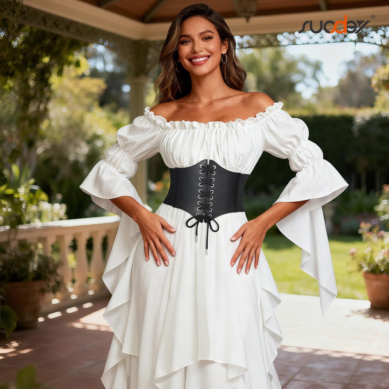 SUOSDEY Black Corset Belt for Women, Vintage Lace-up Elastic Waist, Tied Waspie Wide Belt for Halloween Costume - Image 2