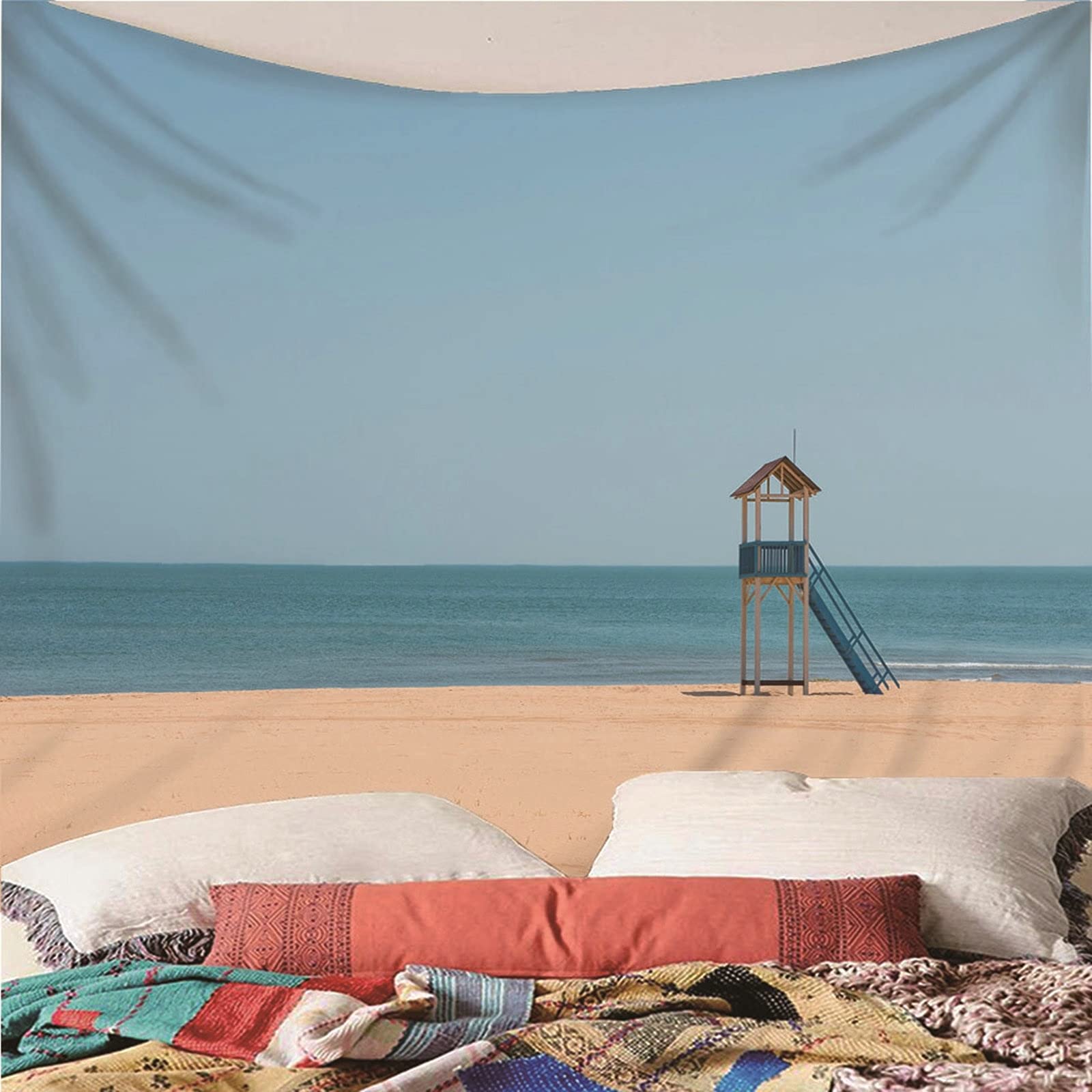 Aeici Tapicería Tela, Manta Tapiz Tapiz de Pared Playa océano Cielo Tapiz- Azul Marrón, 200x200CM