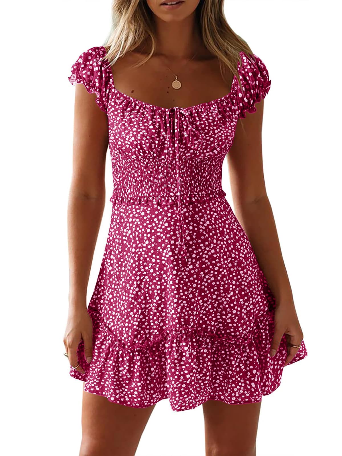 Womens Summer Floral Sundress Ruffle Sleeve Sweetheart Short Mini Dresses | Sun Dress, Sexy, Flowy, Print, Smocked Waist, Western Boho, Beach, Date Night, Country Concert