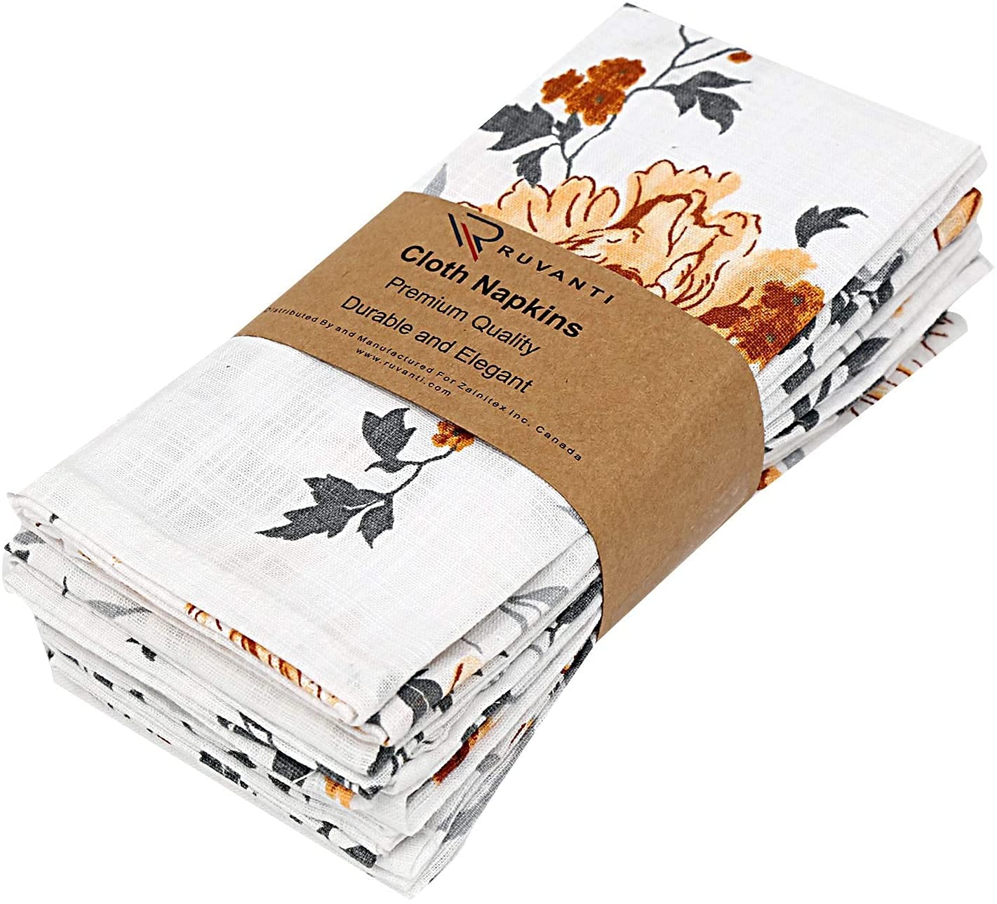 Ruvanti Cloth Napkins set of 12 cotton 100%, 20x20 Inches Napkins Cloth Washable, Soft, Absorbent. Cotton Napkins for Fall, Halloween, Thanksgiving Parties, Wedding, Dinner Napkins Cloth - Grey Floral