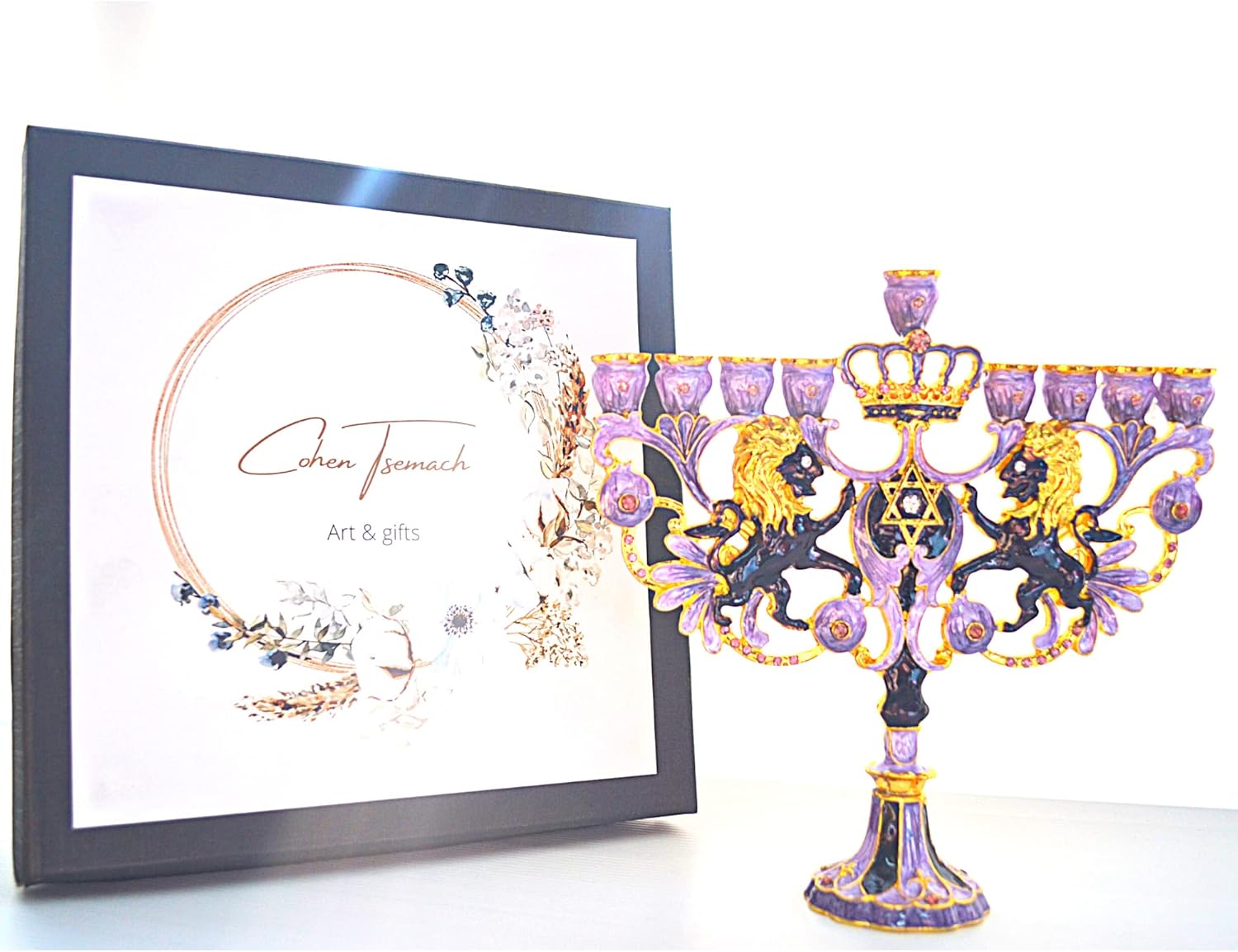 CohenTsemach Art&Gift Purple Hanukkah Menorah Enamel Lions Star of David Israel