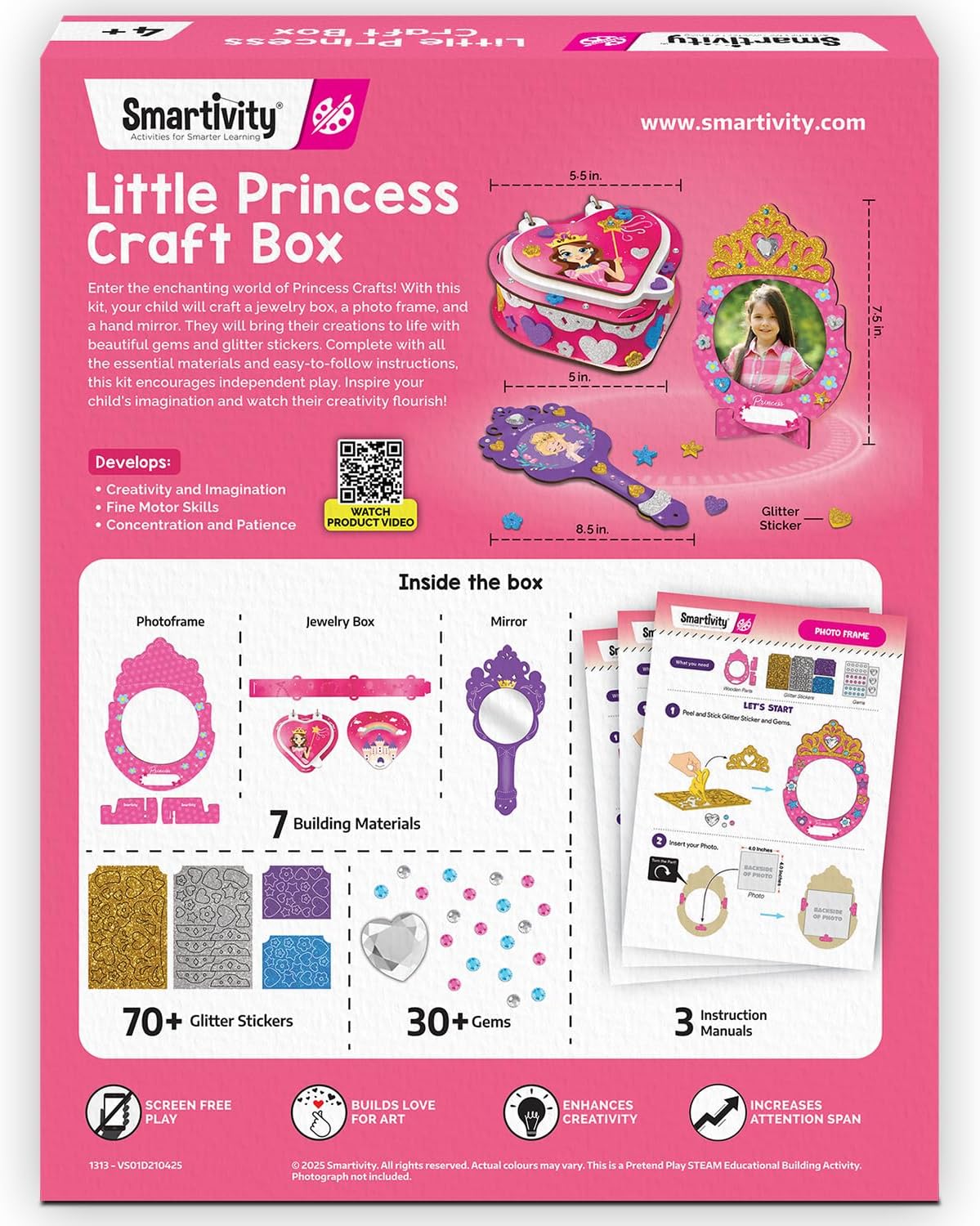 Smartivity Little Princess Craft Box for Girls | DIY Art & Craft Kit to Make Jewellery Box,Mirror & Frame | Age 4-8 Years|Kids Craft Activity Set with Gems & Glitter | Birthday Gift for Kids