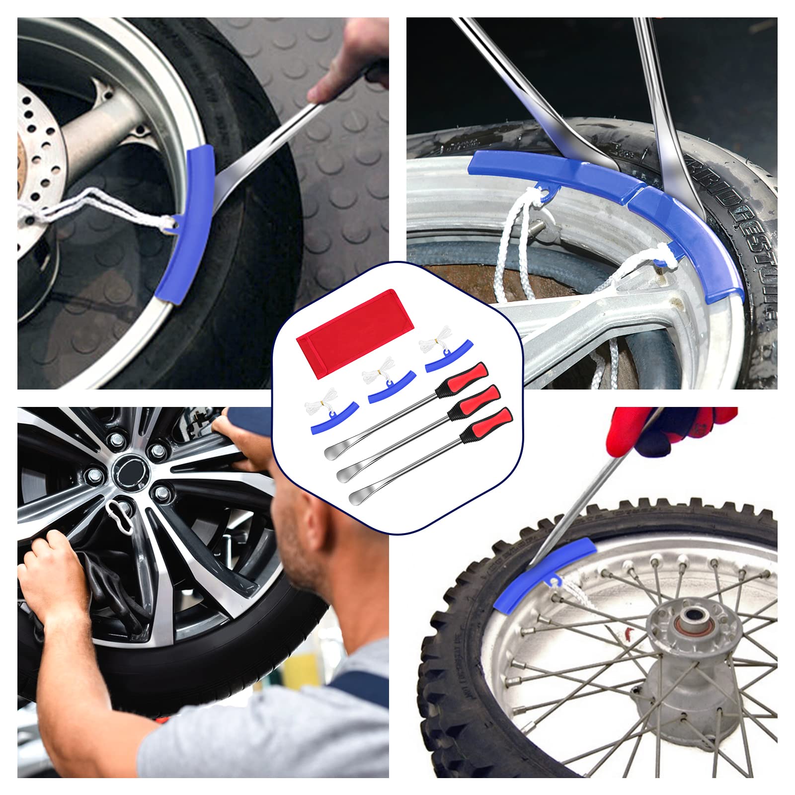 Démonte Pneu Manuels Outil, 3 Pcs Cuillères Outil Pneumatique Levier avec 3 Pcs Kit de Protection de Jante, Demonte Pneu Moto, Outil de Remplacement des Pneus, Outil Levier de Pneu