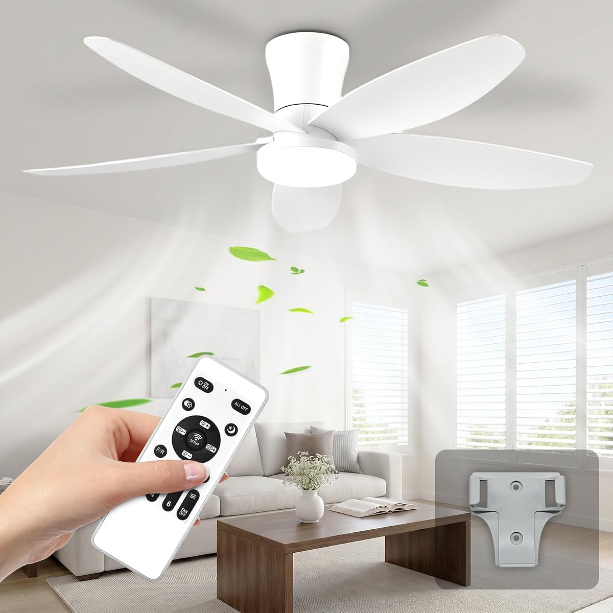 Yoobao 42 Inch Ceiling Fan with Lights and Remote, DC Reversible 6 Speeds | Quiet Low Profile Flush Mount for Indoor.3 Color Temperatures.Ideal for Bedroom,Kitchen,Office,Patio